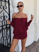 Women's Solid Off The Shoulder Sheer Ruched Dress