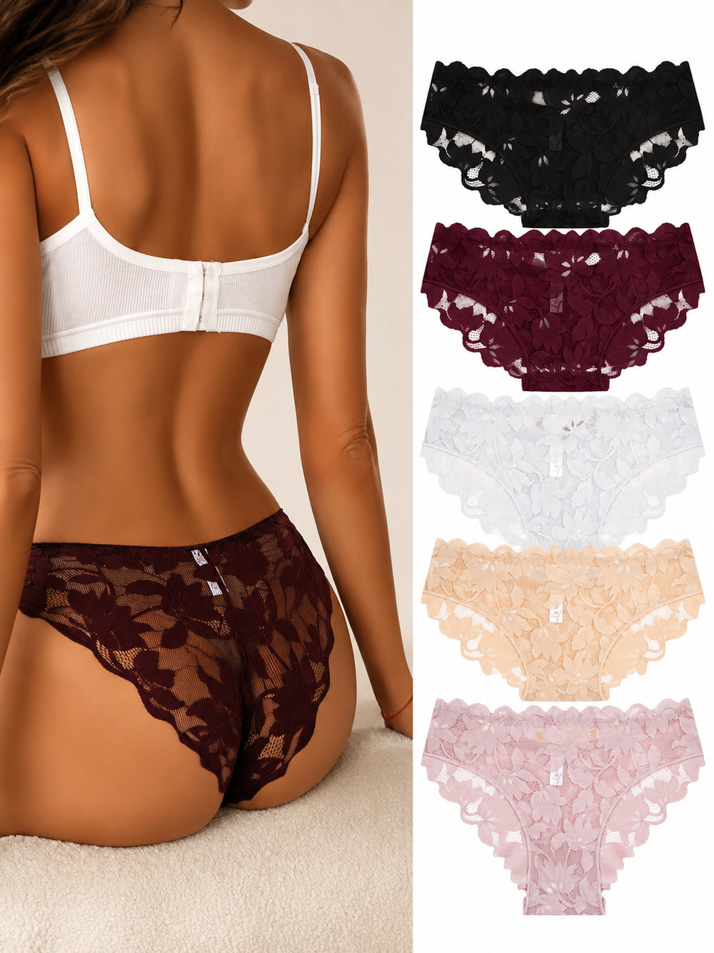 Women's Sexy Lace Panties – 5 Pack Floral Underwear Set