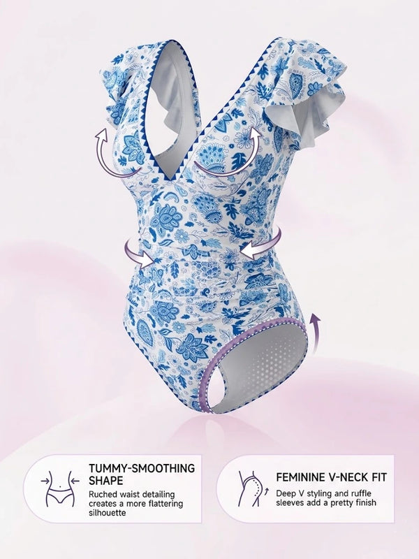 Ruffled V-Neck Tummy Control One-Piece Swimsuit