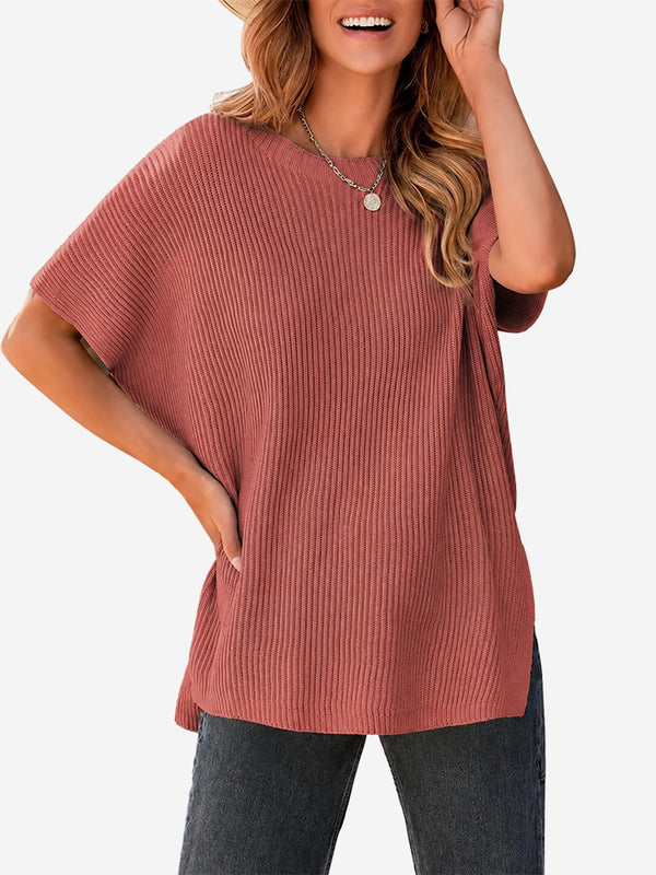 Oversized Side-Slit Short Sleeve Knit Sweater