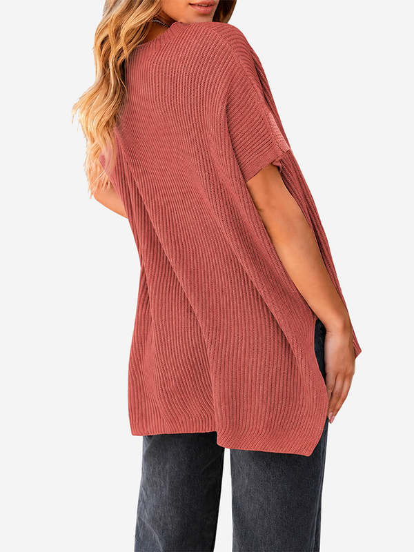 Oversized Side-Slit Short Sleeve Knit Sweater