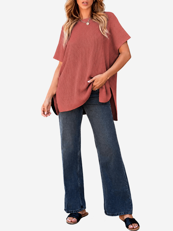 Oversized Side-Slit Short Sleeve Knit Sweater