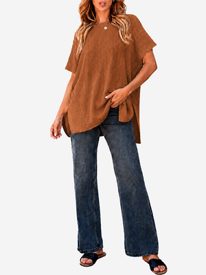 Oversized Side-Slit Short Sleeve Knit Sweater