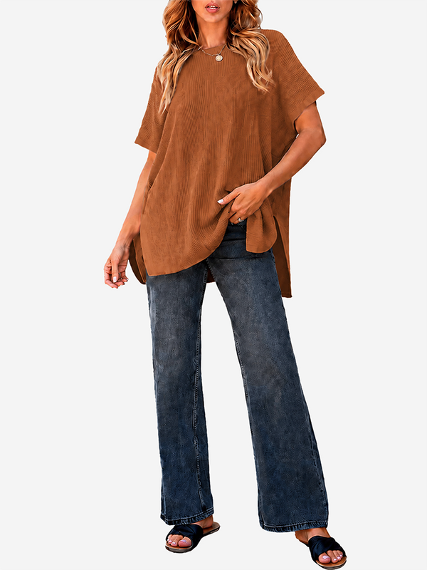 Oversized Side-Slit Short Sleeve Knit Sweater