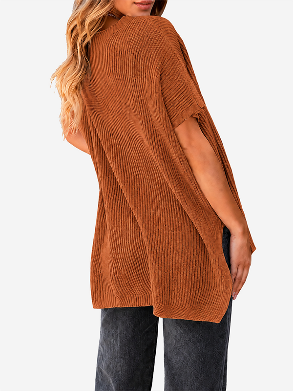 Oversized Side-Slit Short Sleeve Knit Sweater