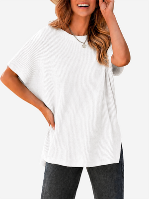 Oversized Side-Slit Short Sleeve Knit Sweater