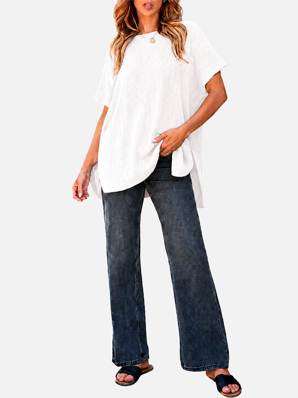 Oversized Side-Slit Short Sleeve Knit Sweater