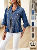 Women’s Vintage Ruffle Denim Jacket – Washed Cropped Long Sleeve Jean Jacket