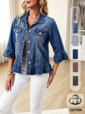 Women’s Vintage Ruffle Denim Jacket – Washed Cropped Long Sleeve Jean Jacket