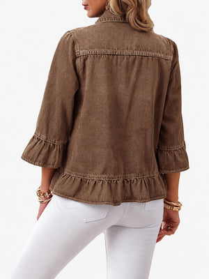 Women’s Vintage Ruffle Denim Jacket – Washed Cropped Long Sleeve Jean Jacket