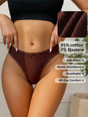 6 pack Women’s Lace Trim Ribbed Thong Underwear – Soft Stretch Sexy Panty