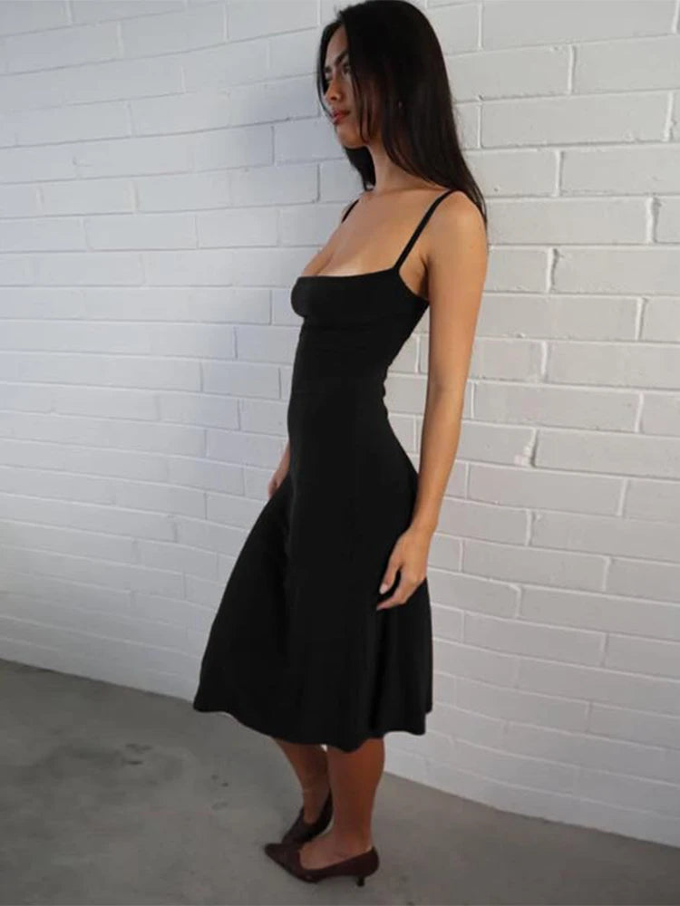 Women's Square-Neck Backless Bodycon Midi Slip Dress with Spaghetti Straps