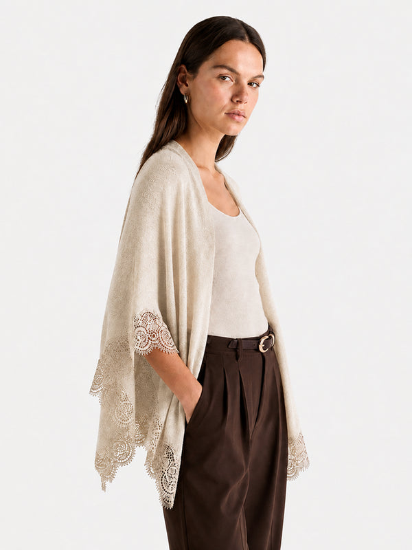 Women’s 100% Wool Lace-Trimmed Open-Front Knit Cape Cardigan