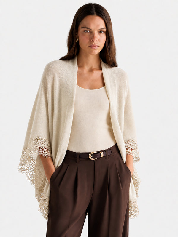 Women’s 100% Wool Lace-Trimmed Open-Front Knit Cape Cardigan