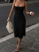 Women's Square-Neck Backless Bodycon Midi Slip Dress with Spaghetti Straps