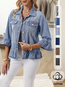 Women’s Vintage Ruffle Denim Jacket – Washed Cropped Long Sleeve Jean Jacket