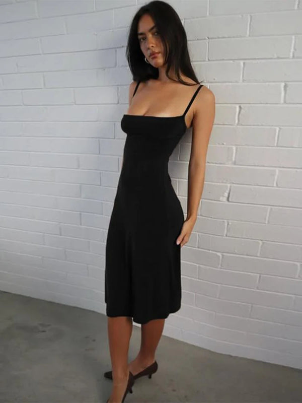 Women's Square-Neck Backless Bodycon Midi Slip Dress with Spaghetti Straps