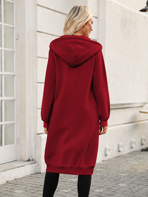 Women's Cozy Long Fleece Hoodie Zip Up Knee Length Tunic Jacket