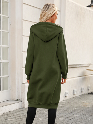 Women's Cozy Long Fleece Hoodie Zip Up Knee Length Tunic Jacket