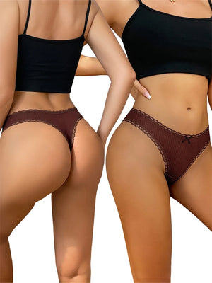 6 pack Women’s Lace Trim Ribbed Thong Underwear – Soft Stretch Sexy Panty
