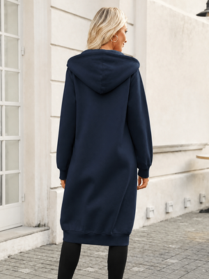 Women's Cozy Long Fleece Hoodie Zip Up Knee Length Tunic Jacket