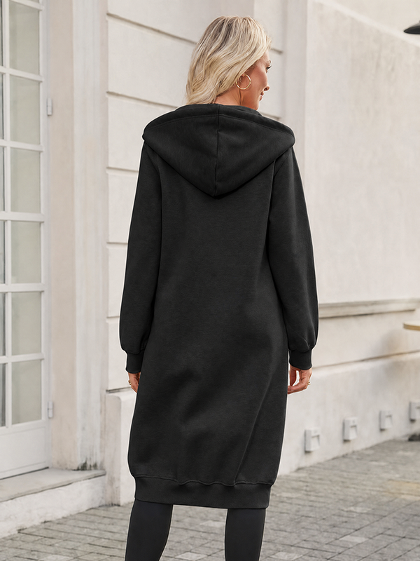 Women's Cozy Long Fleece Hoodie Zip Up Knee Length Tunic Jacket