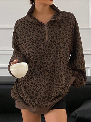Oversized Leopard Half Zip Drop Shoulder Sweatshirt