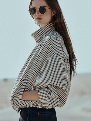 Gingham Cropped Zip-Up Jacket