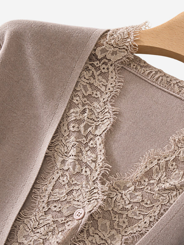 The French Lace V-Neck Wool Blend Cardigan