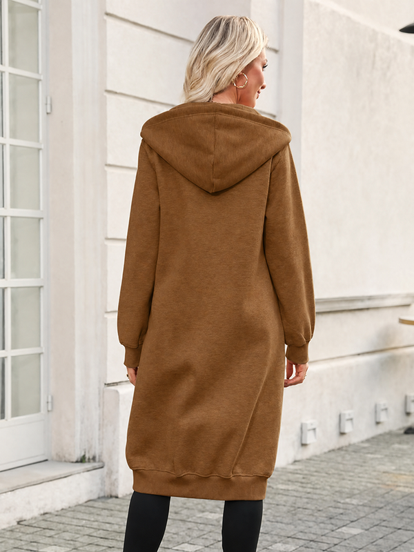 Women's Cozy Long Fleece Hoodie Zip Up Knee Length Tunic Jacket