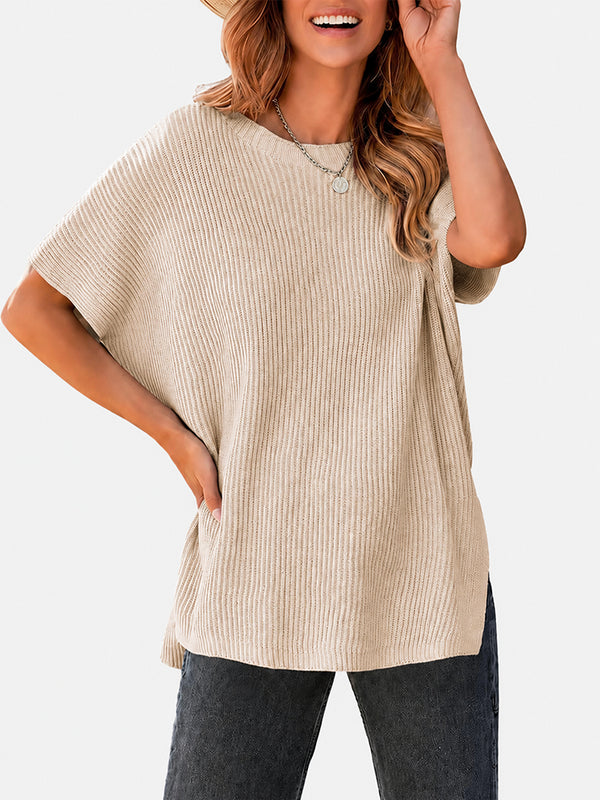 Oversized Side-Slit Short Sleeve Knit Sweater