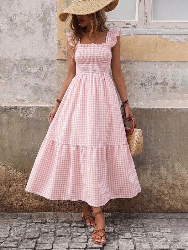 Retro Smocked Plaid Maxi Dress with Pockets