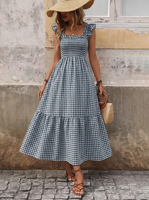 Retro Smocked Plaid Maxi Dress with Pockets