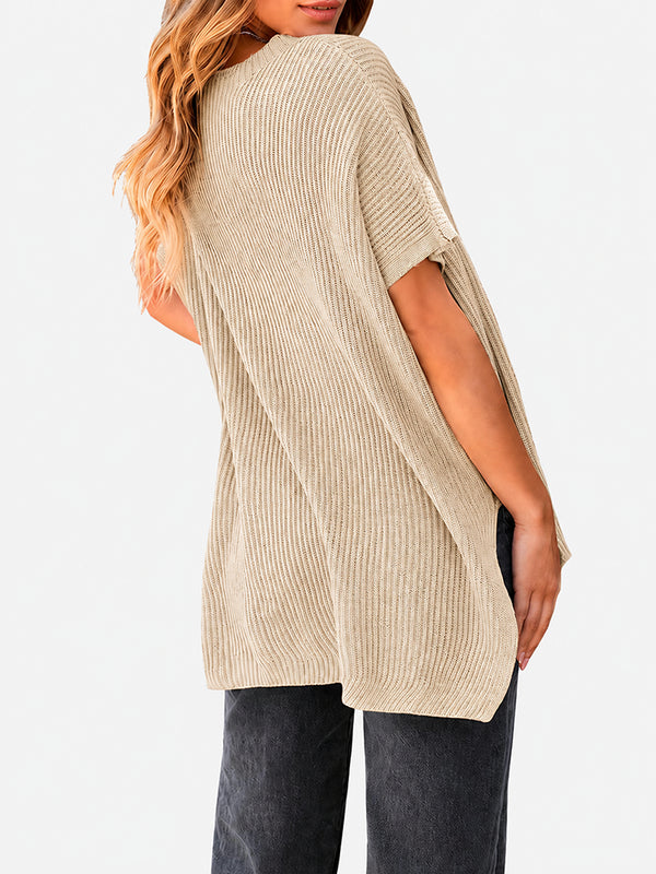 Oversized Side-Slit Short Sleeve Knit Sweater
