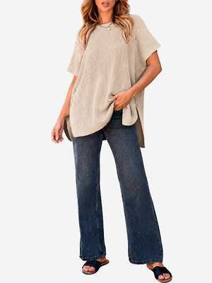 Oversized Side-Slit Short Sleeve Knit Sweater