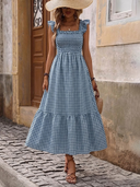 Retro Smocked Plaid Maxi Dress with Pockets