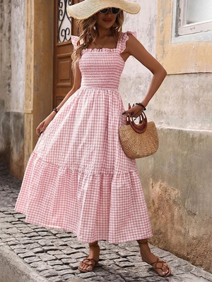 Retro Smocked Plaid Maxi Dress with Pockets