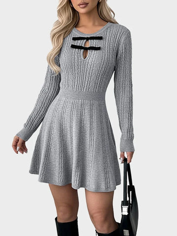 Women Crew Neck Mini A-Line Knit  Fall Winter Casual Sweater Dress