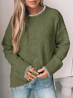 Womens Crewneck Pullover Sweater Long Sleeve Knit Slit