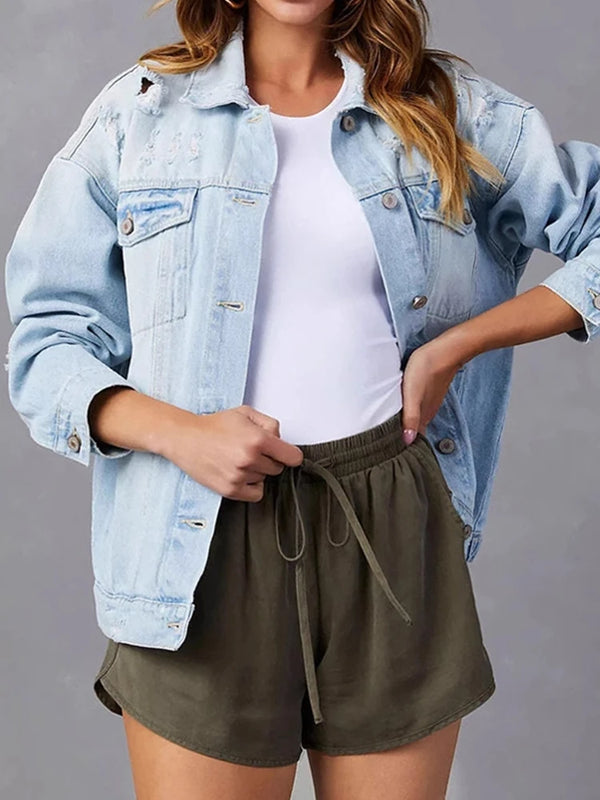 Womens Jean Jacket Casual Long Sleeve Button Down Denim Jacket Fall Coat