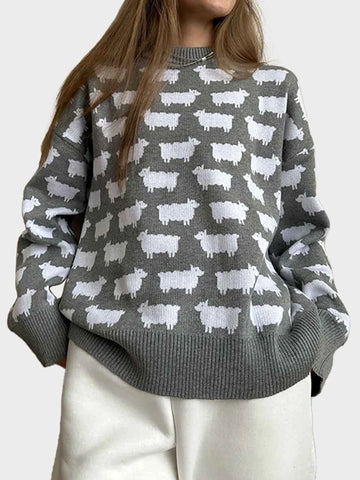 Women's Crew Neck oversize Alpaca Print Sweater
