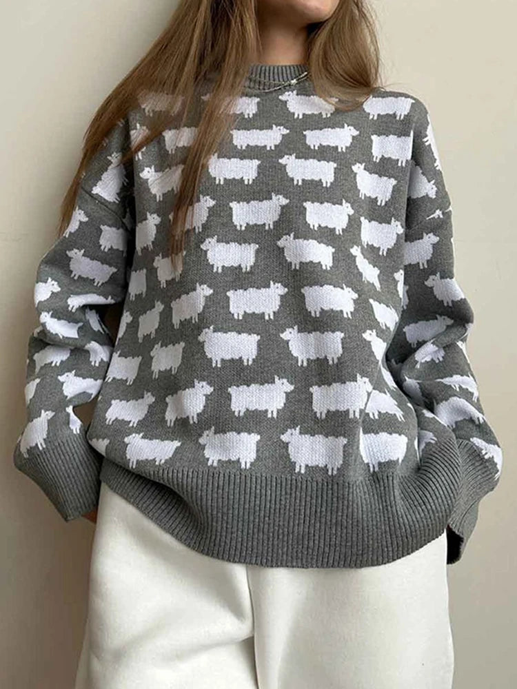 Women's Crew Neck oversize Alpaca Print Sweater