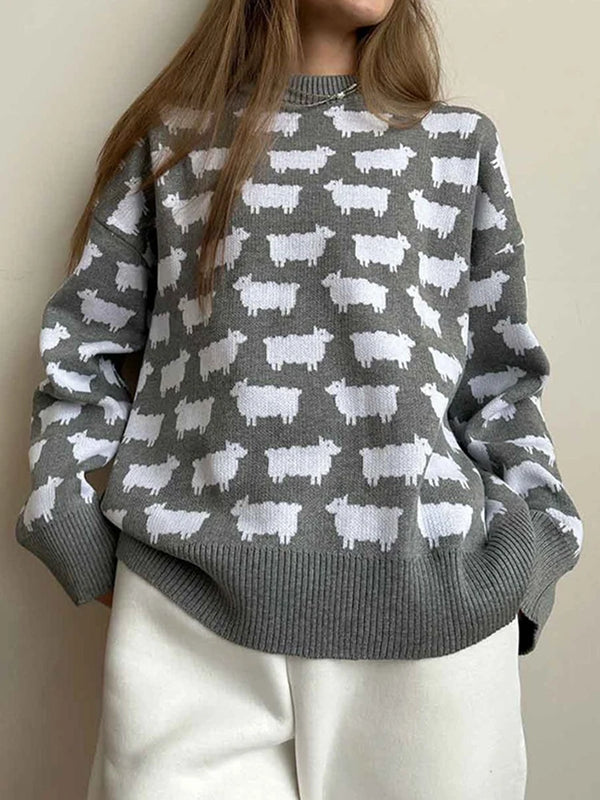 Women's Crew Neck oversize Alpaca Print Sweater