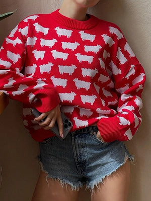 Women's Crew Neck oversize Alpaca Print Sweater