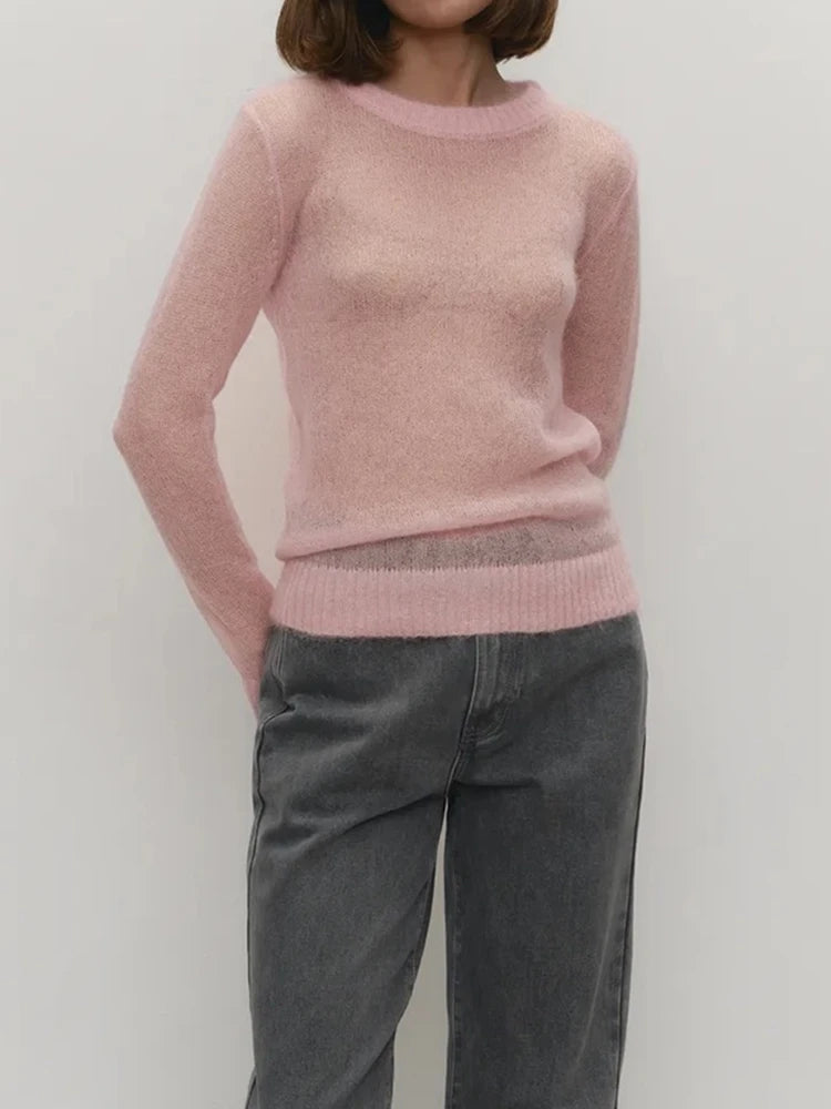 women's Lightweight Knitted Mohair Sweater Boat Neck Sheer