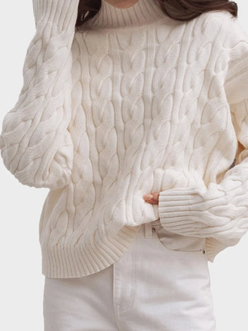 Womens High Collar Loose and Thick Lazy Style  Cable Knit Pullover Sweater