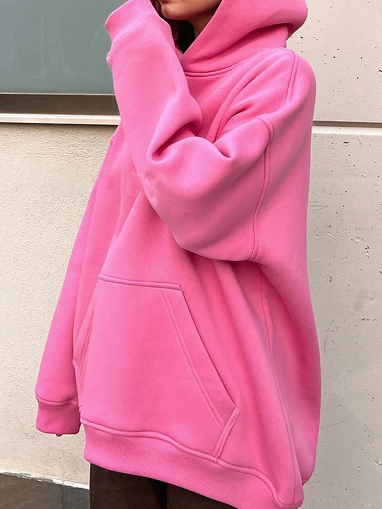 Women Cotton Oversized Sweatshirts Autumn Thick Warm Fleece Loose Solid Pullover Hoodies