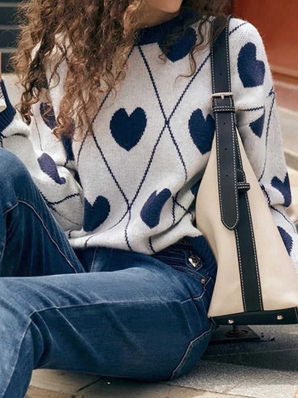 Women's Cute Heart Jacquard Round Neck Cropped Sweater