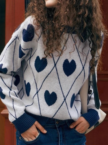 Women's Cute Heart Jacquard Round Neck Cropped Sweater