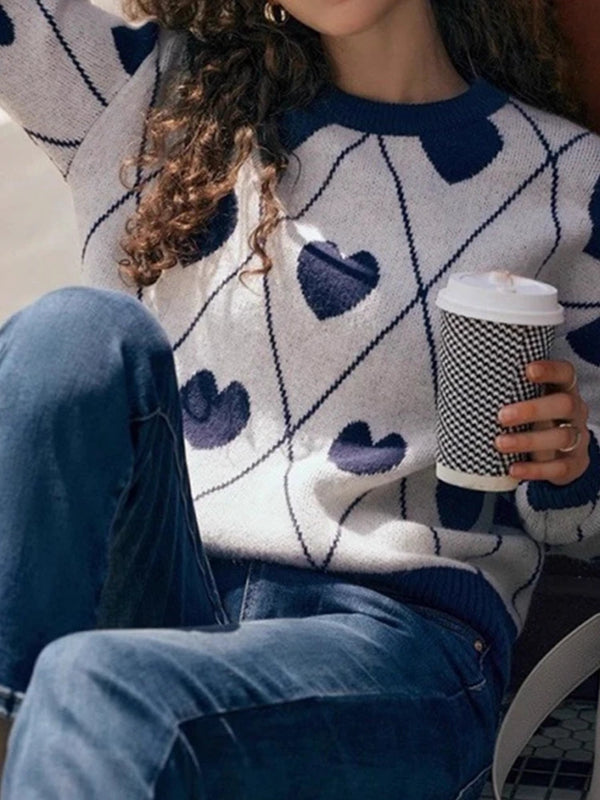 Women's Cute Heart Jacquard Round Neck Cropped Sweater